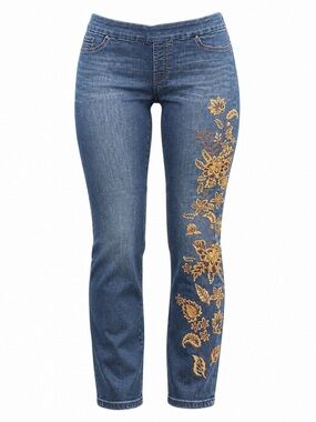 Chico’s Pull-On Jegging Ankle Jeans Size 1R US 8 Blue Floral Embroidered